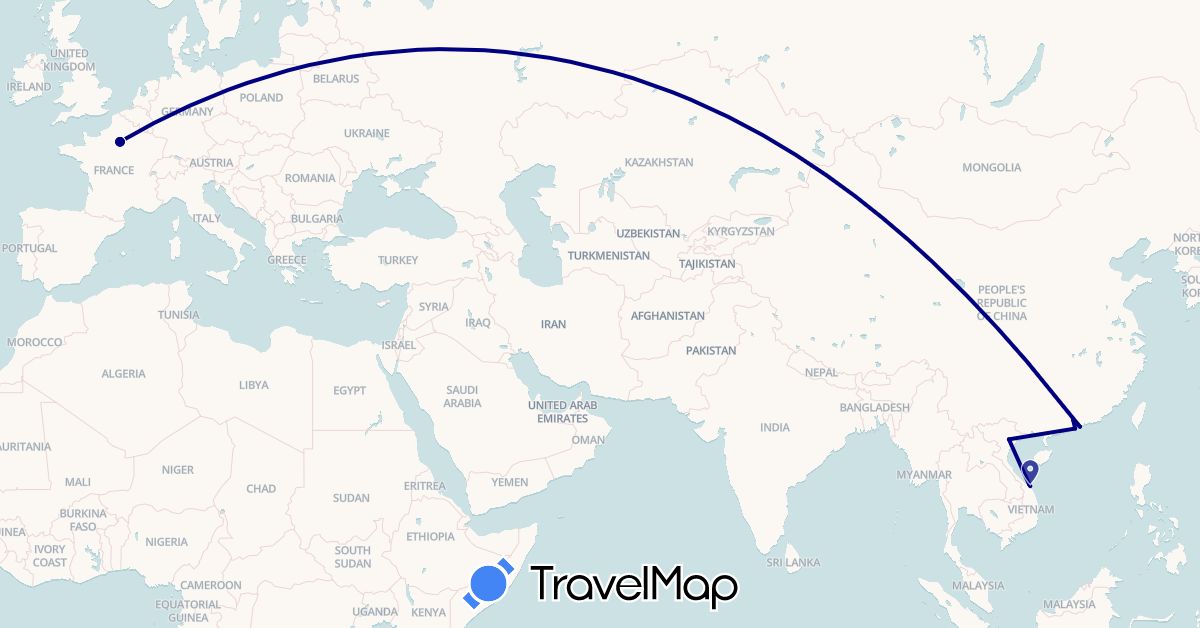 TravelMap itinerary: driving in China, France, Hong Kong, Macau, Vietnam (Asia, Europe)